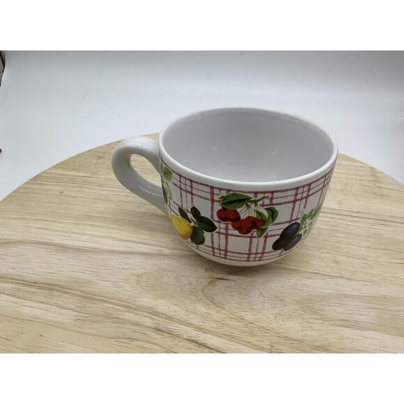 Ceramic Soup Mug Oversized Coffee Cup Fruit Pattern Red Plaid Handle Bowl VTG - Picture 3 of 5